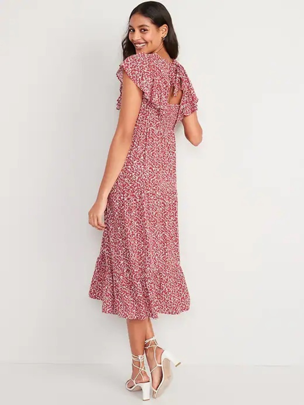 Old Navy Pink Red Floral Midi Dress with Ruffle Sleeves